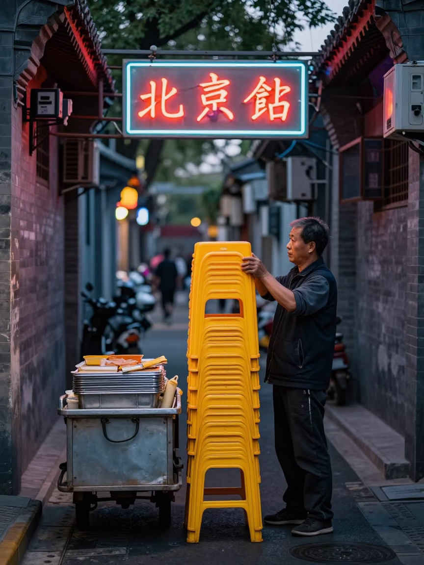 Beijing alleyway vendor under neon signs with step stools and tea jars in in Beijing, China