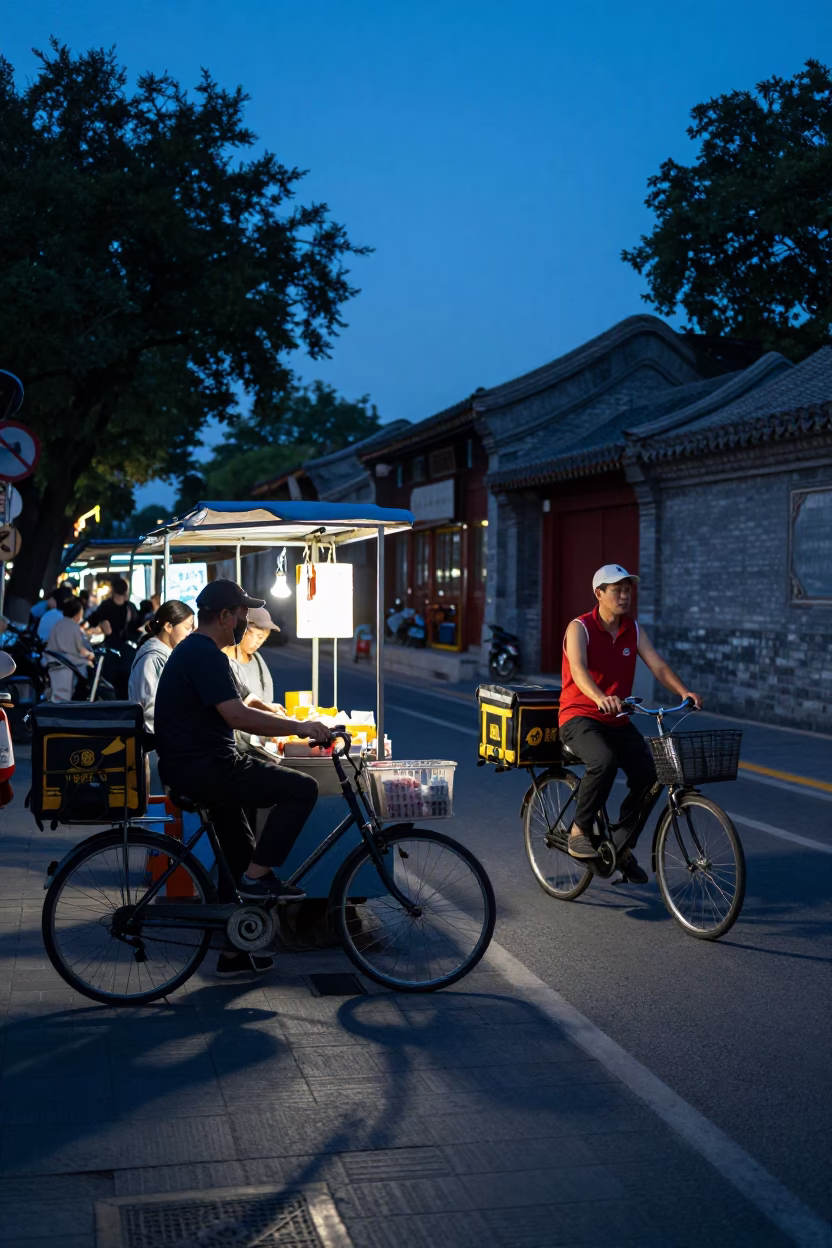 Beijing Blue Hour Street Scene with Bicycle and Street Food Vendor in in Beijing, China