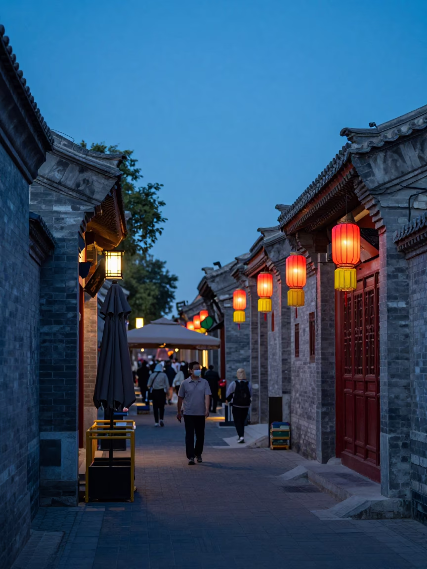 Beijing Blue Hour Street Scene with Lanterns and Umbrella Stand in in Beijing, China