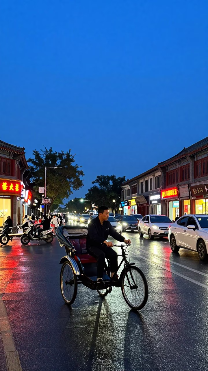 Beijing Blue Hour Street Scene with Rickshaw Driver and Busy Traffic in in Beijing, China