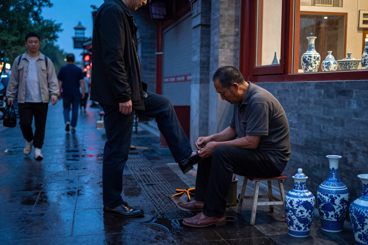Beijing Blue Hour Street Scene with Shoe Shiner and Traditional Porcelain Bowl in in Beijing, China