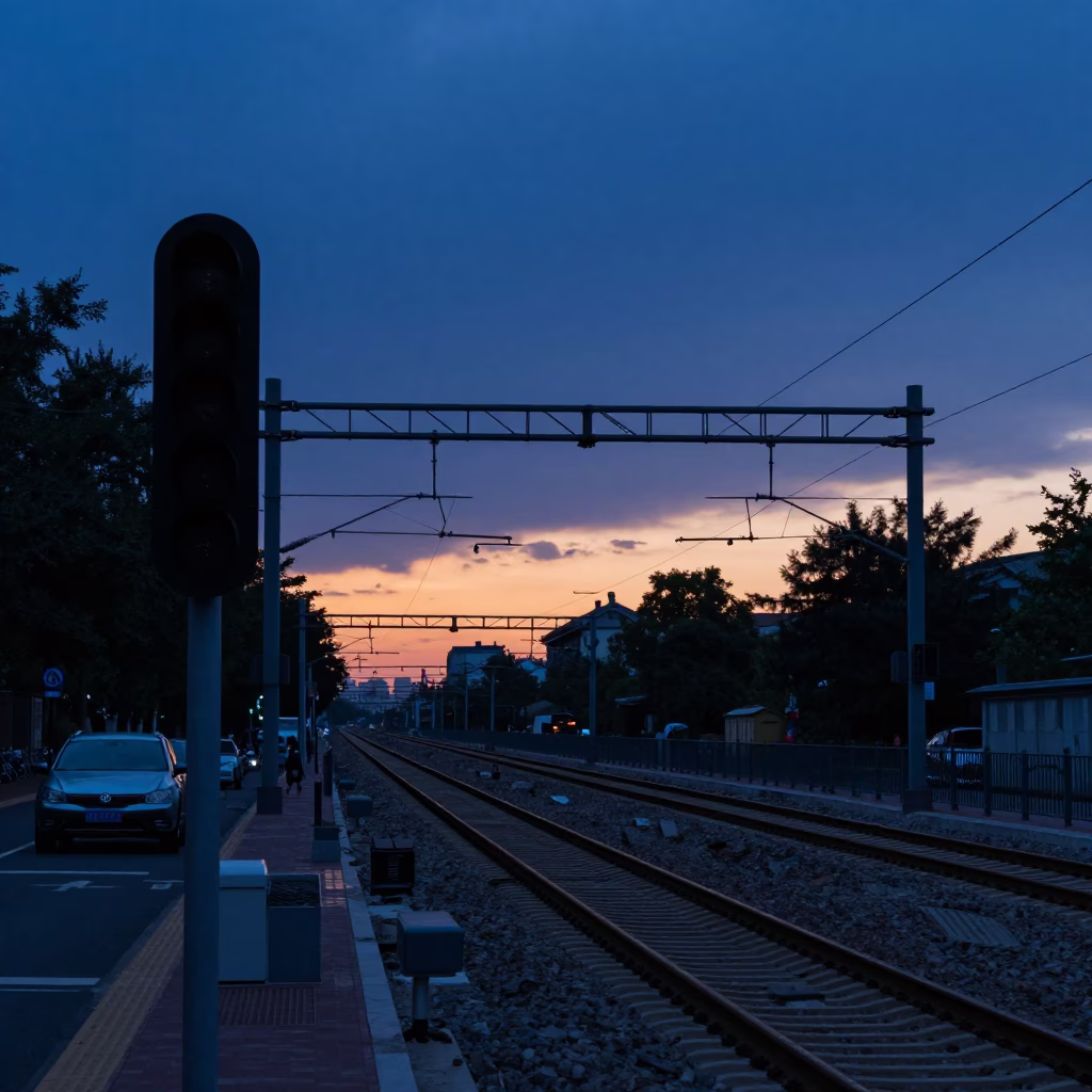 Beijing Blue Hour Street Scene with Signal Gantry and Parallel Rail Lines in in Beijing, China