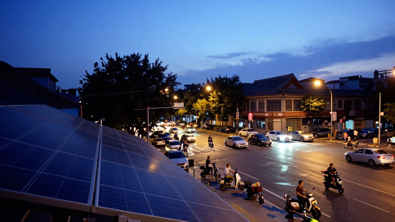 Beijing Blue Hour Street Scene with Solar Panels and Urban Life in in Beijing, China