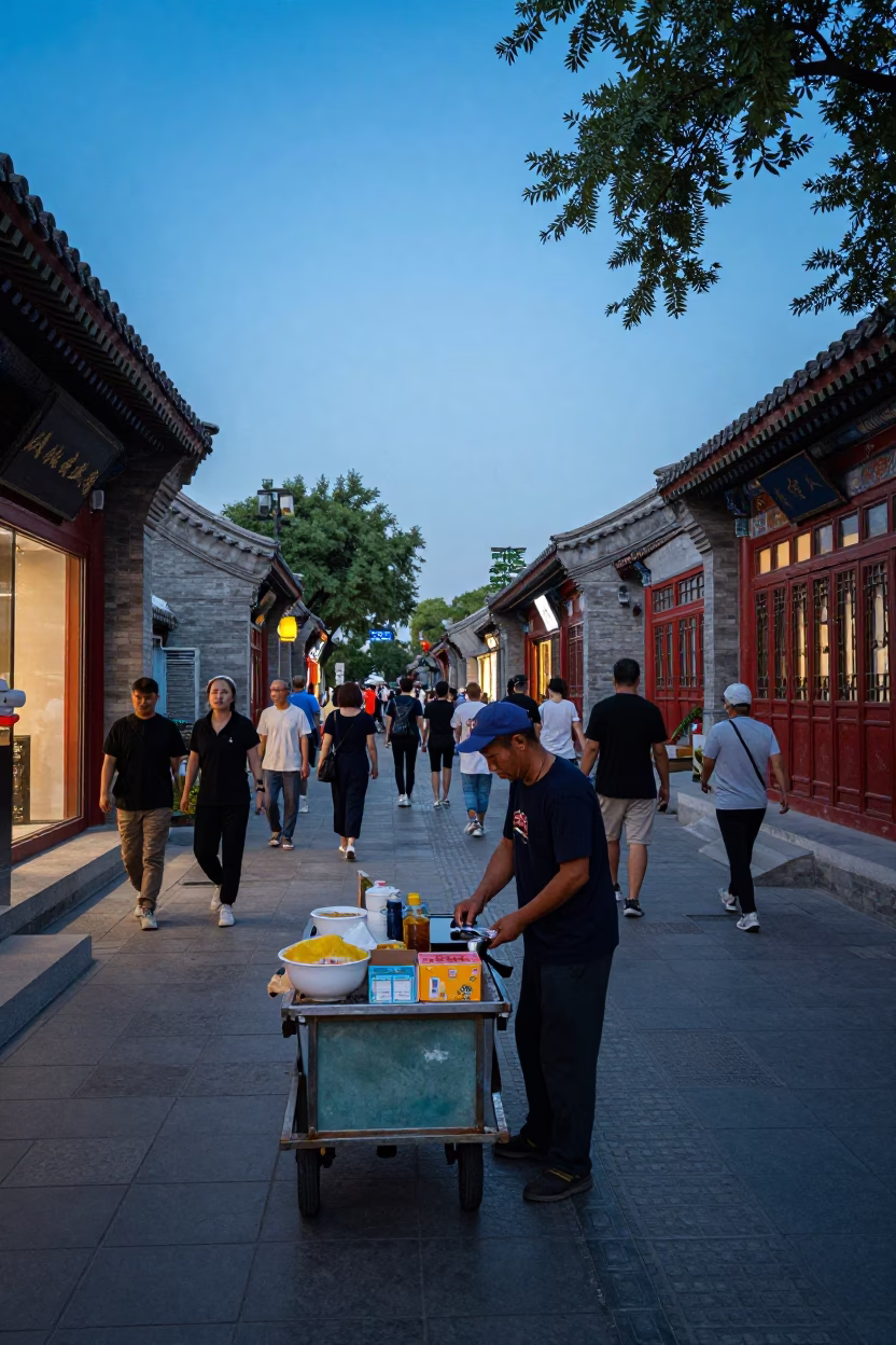 Beijing Blue Hour Street Scene with Street Vendor and Traditional Architecture in in Beijing, China