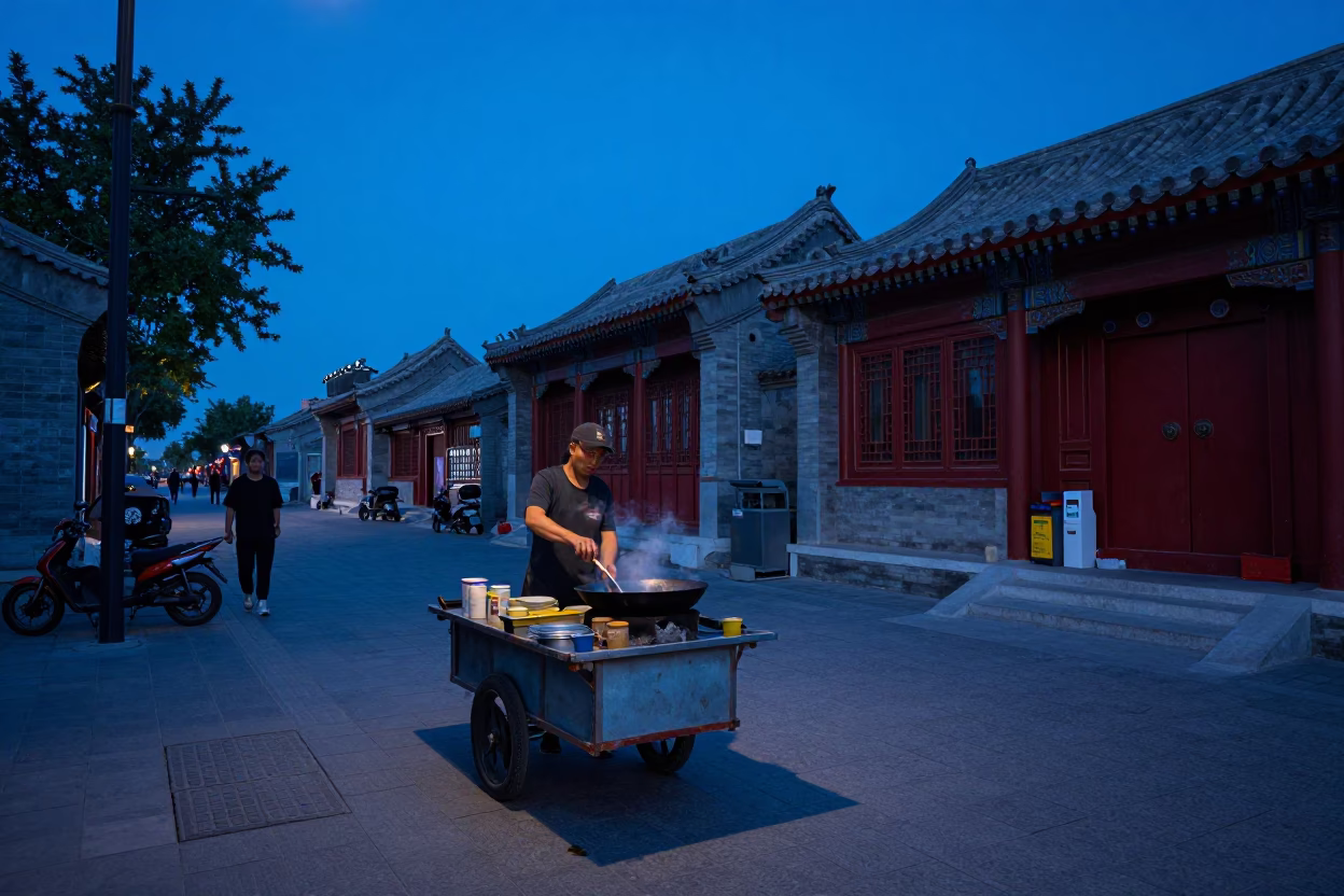 Beijing Blue Hour Street Scene with Traditional Architecture and Local Evening Life in in Beijing, China