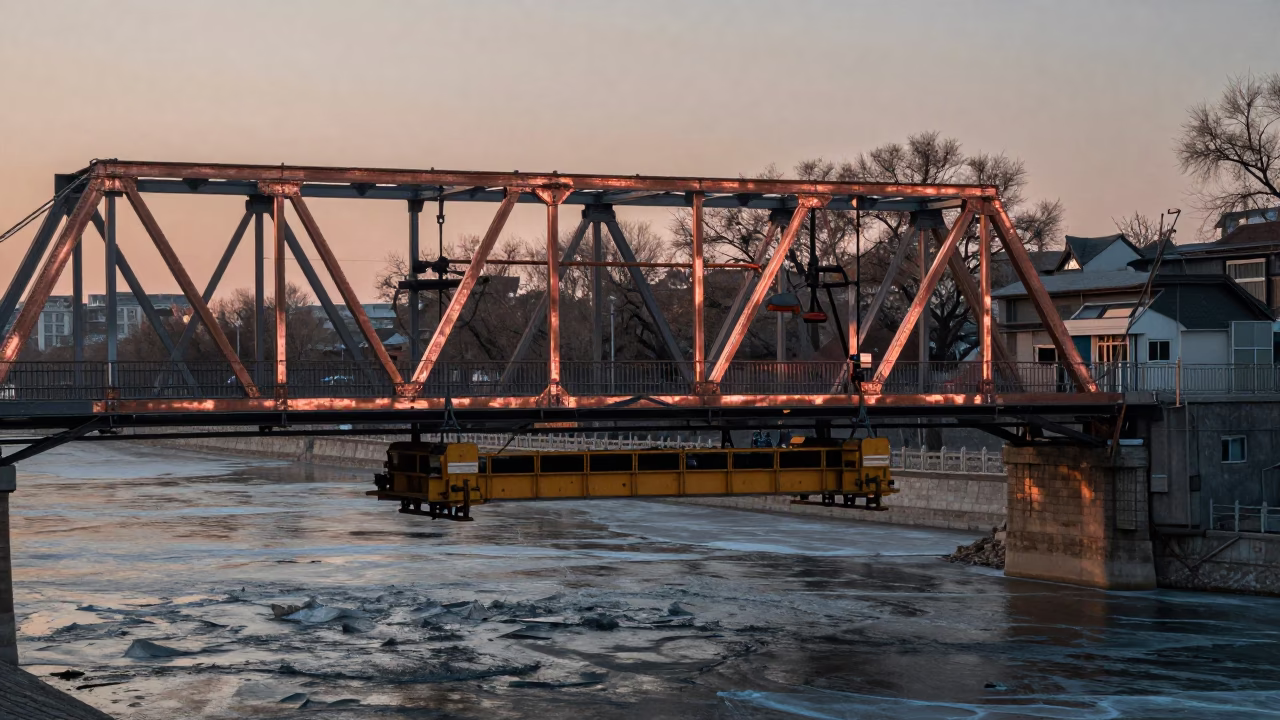 Beijing Bridge Maintenance Cradle Over Cold River in Copper Toned Dusk Light in in Beijing, China