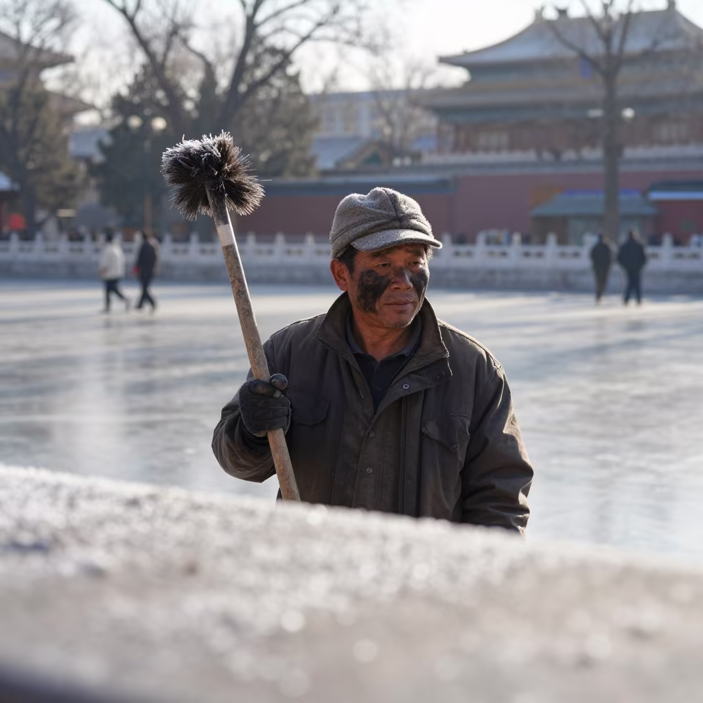 Beijing Chimney Sweep Headshot with Brush in at a public square in Beijing