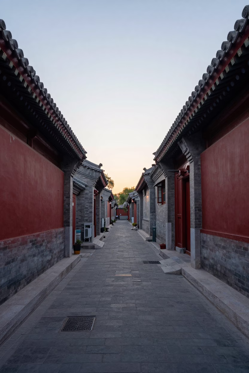 Beijing China dawn street scene with traditional architecture and morning commuters in in Beijing, China