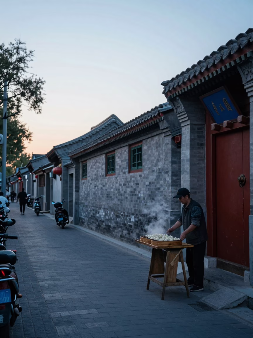 Beijing China street scene before sunrise with traditional architecture and morning activity in in Beijing, China