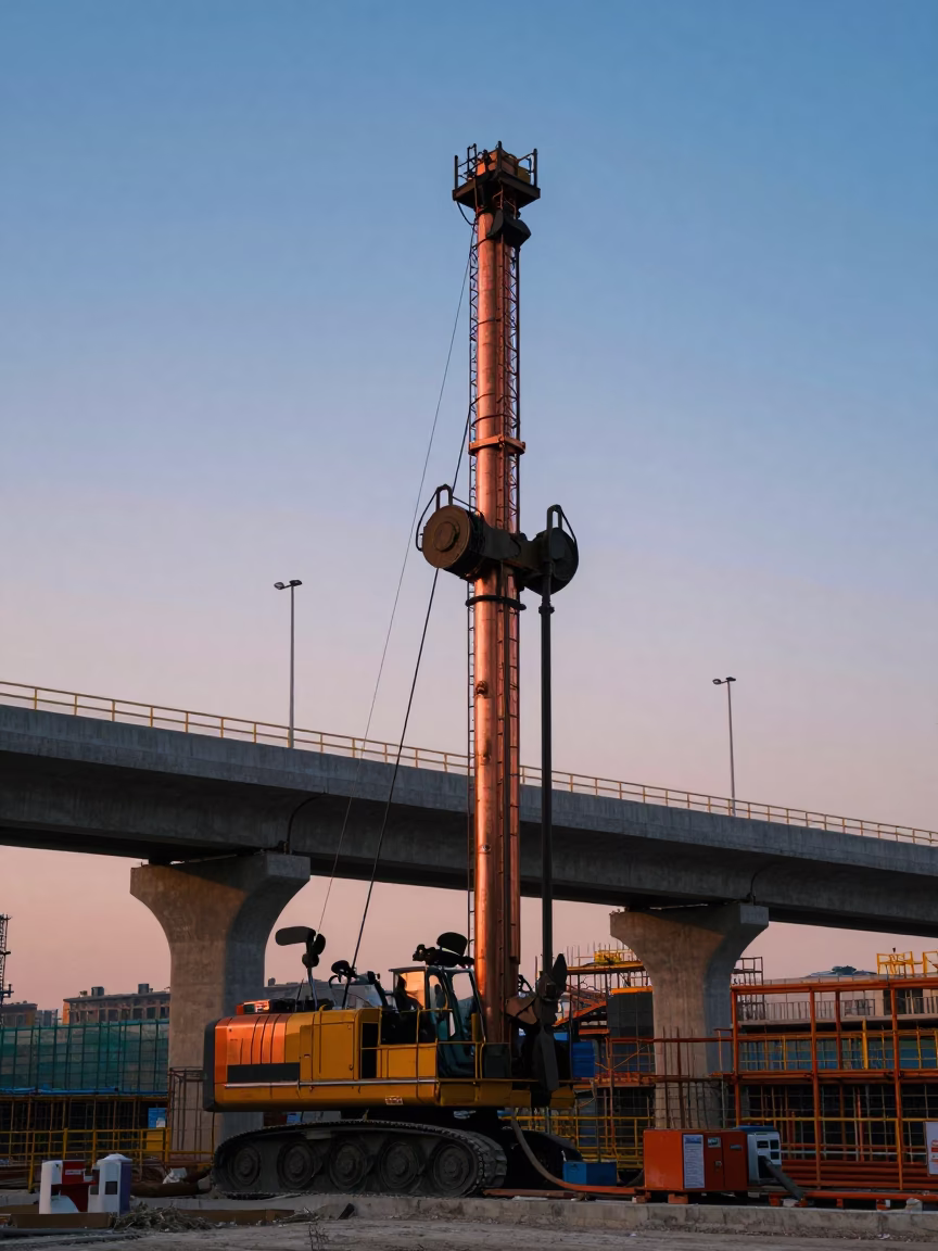 Beijing Construction Site at Dusk with Pile Driver and Traffic Shadows in in Beijing, China