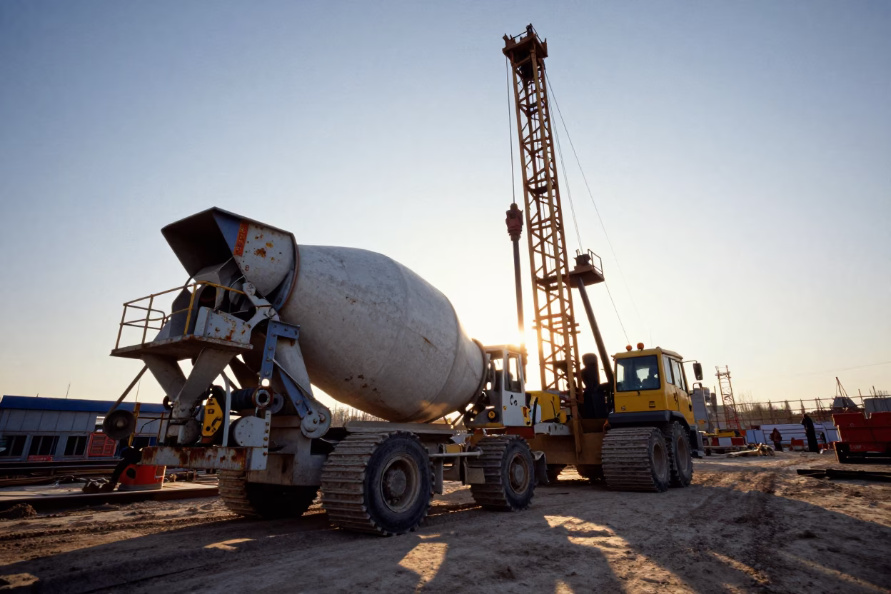 Beijing Construction Site at Sunset Cement Mixer Pile Driver Urban Development in in Beijing, China