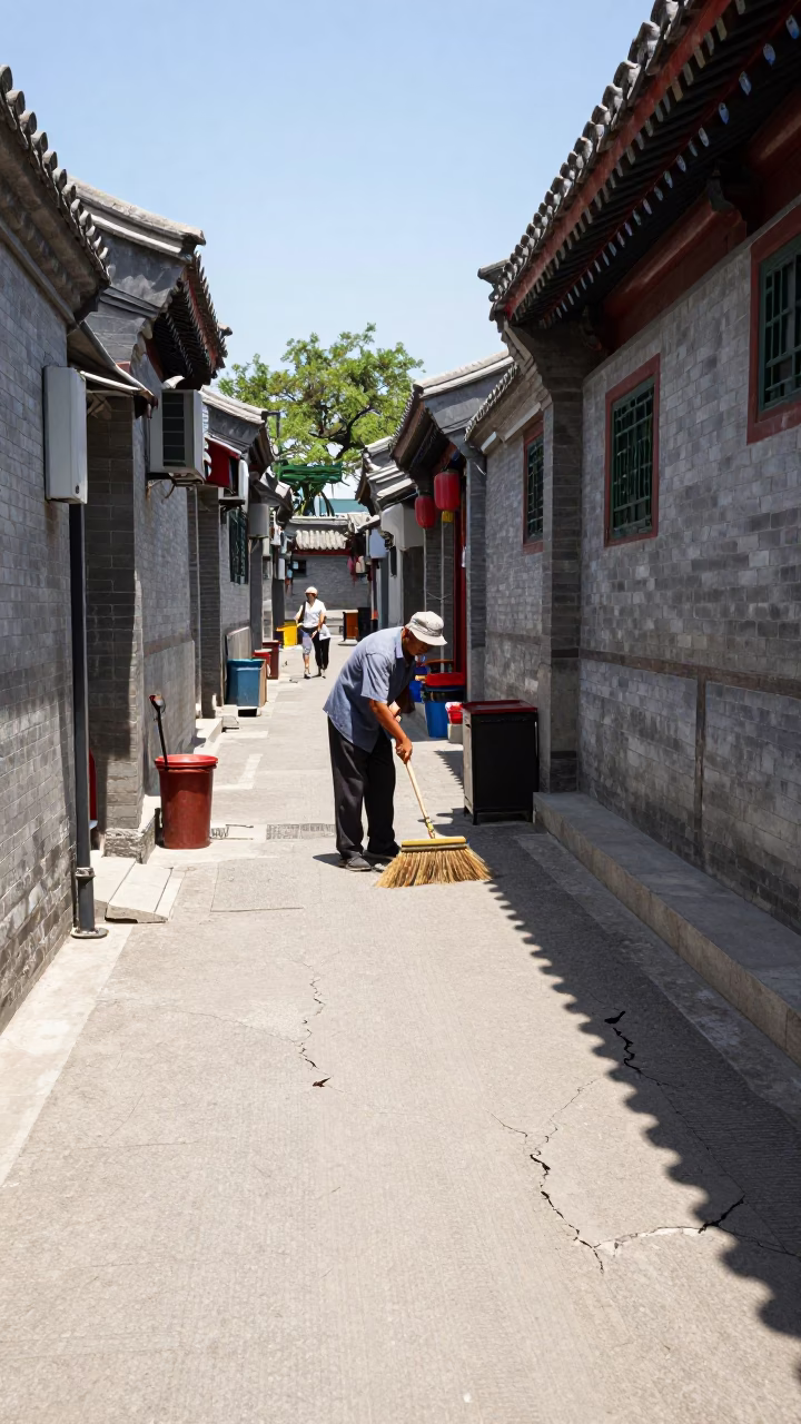 Beijing Courtyard Broom Cleaning at Noon Traditional Hutong Life in in Beijing, China