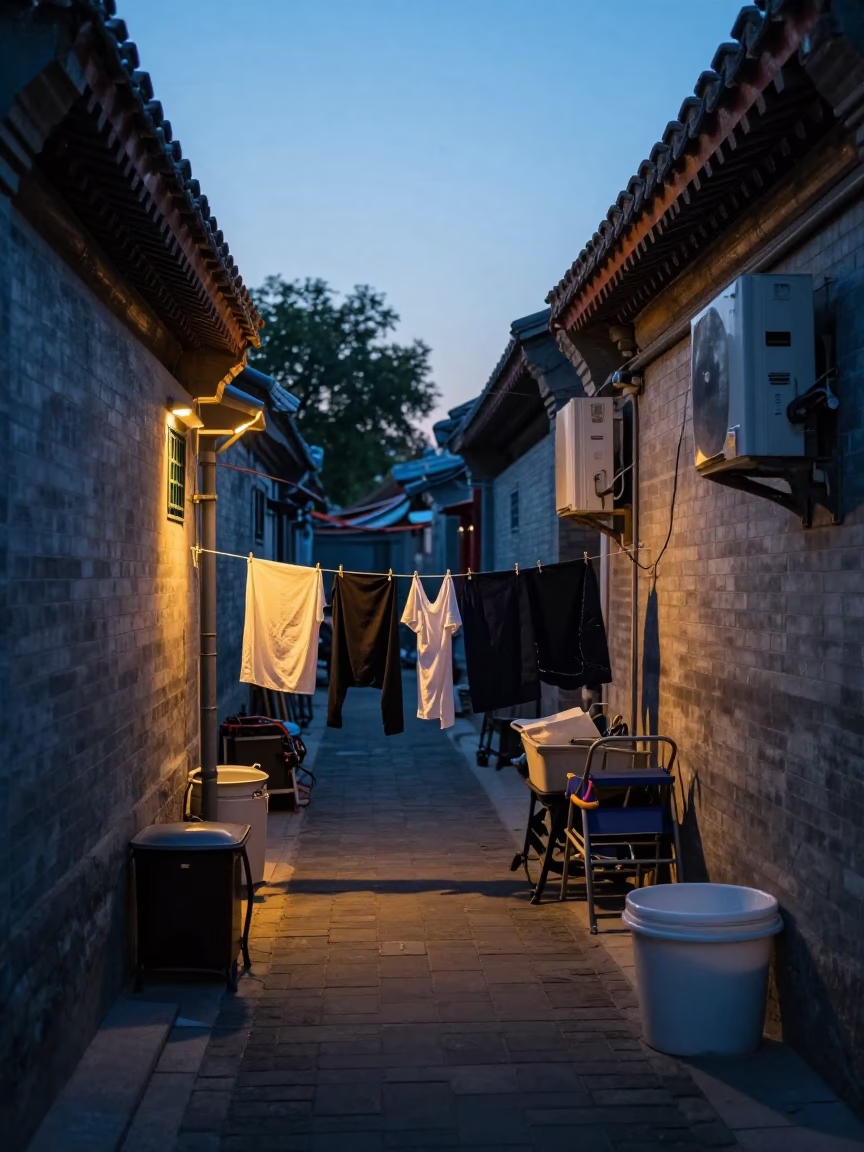 Beijing Courtyard Morning Routine Before Dawn with Laundry and Rusty Basin in in Beijing, China