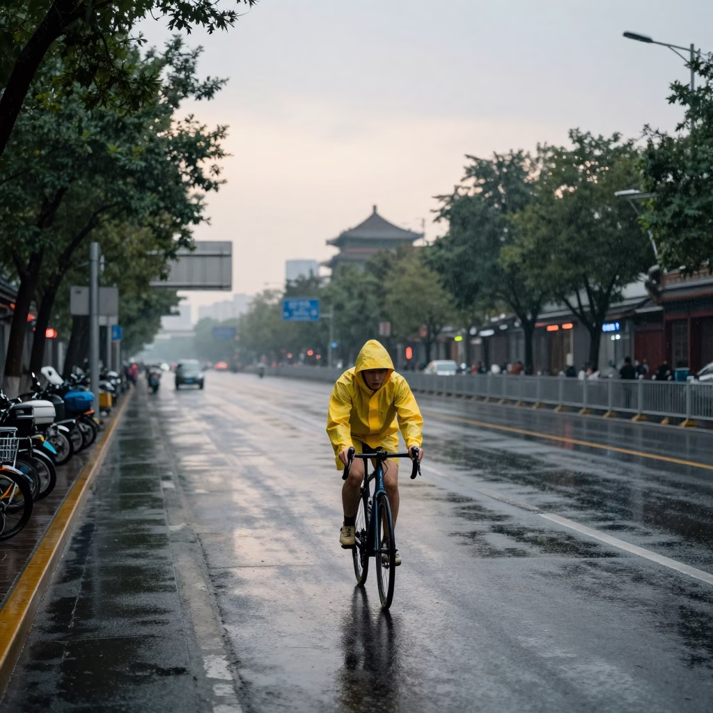 Beijing Cyclist at First Light in in Beijing, China