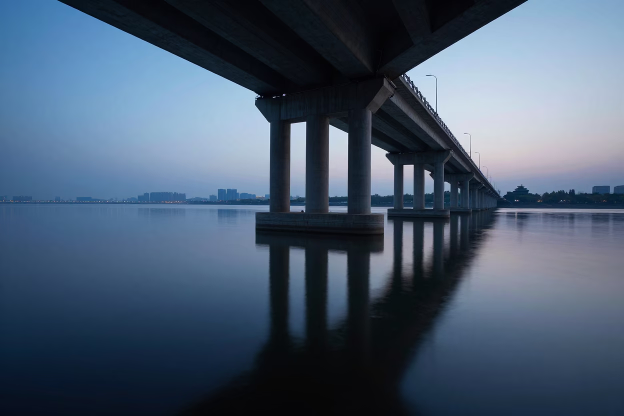 Beijing Dawn Bridge Pier Reflection in Still Water Before Sunrise in in Beijing, China