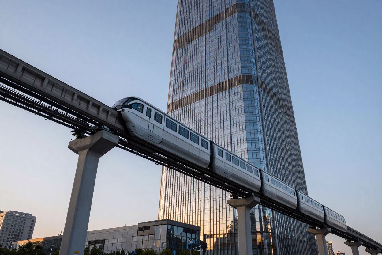 Beijing Dawn Monorail Reflection on Glass Skyscraper Before Sunrise in in Beijing, China