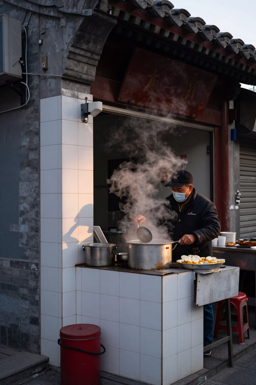 Beijing Dawn Street Scene with Ceramic Tiles and Morning Routine in in Beijing, China