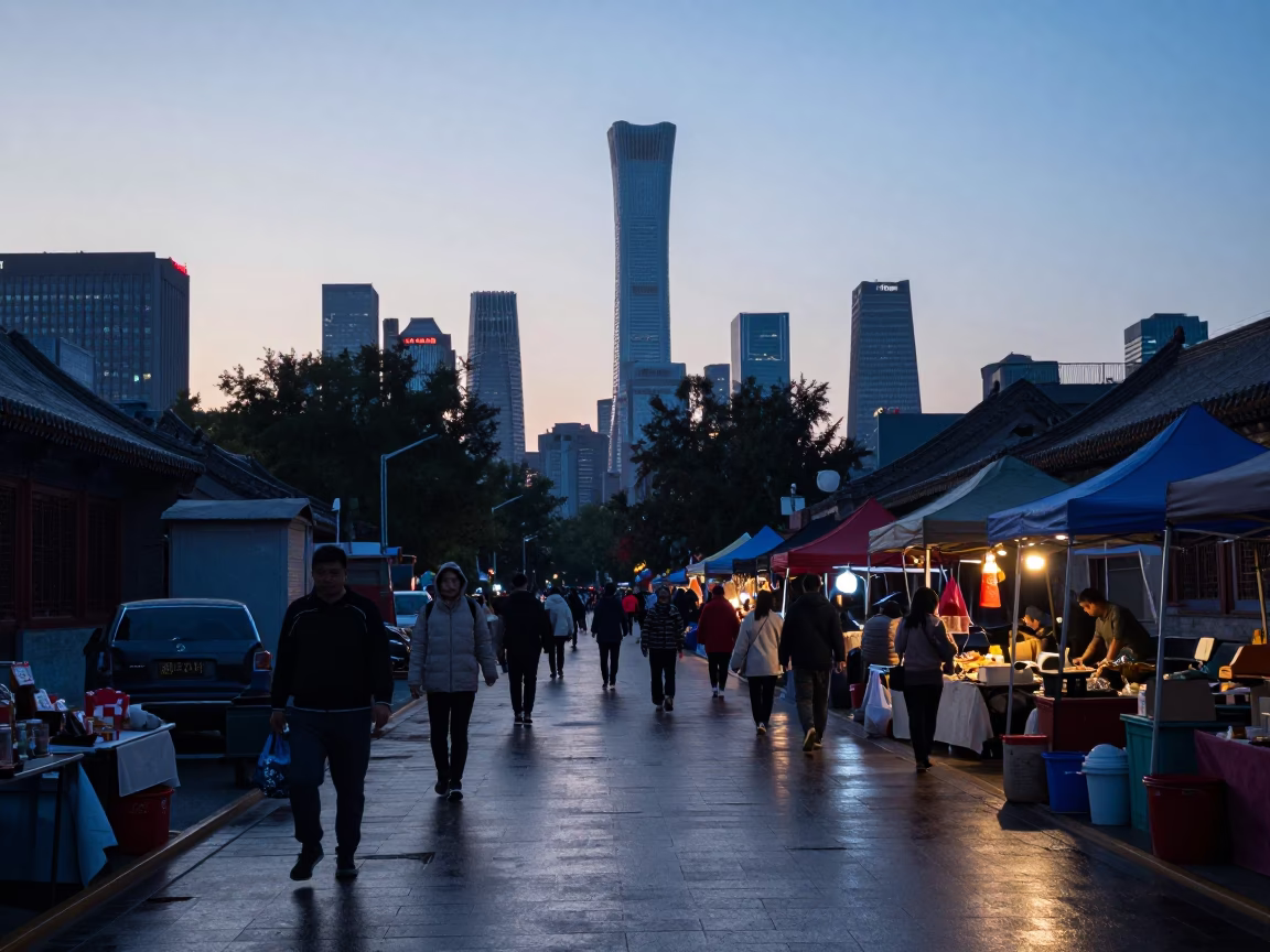 Beijing Dawn Street Scene with Observatories and Morning Market Activity in in Beijing, China