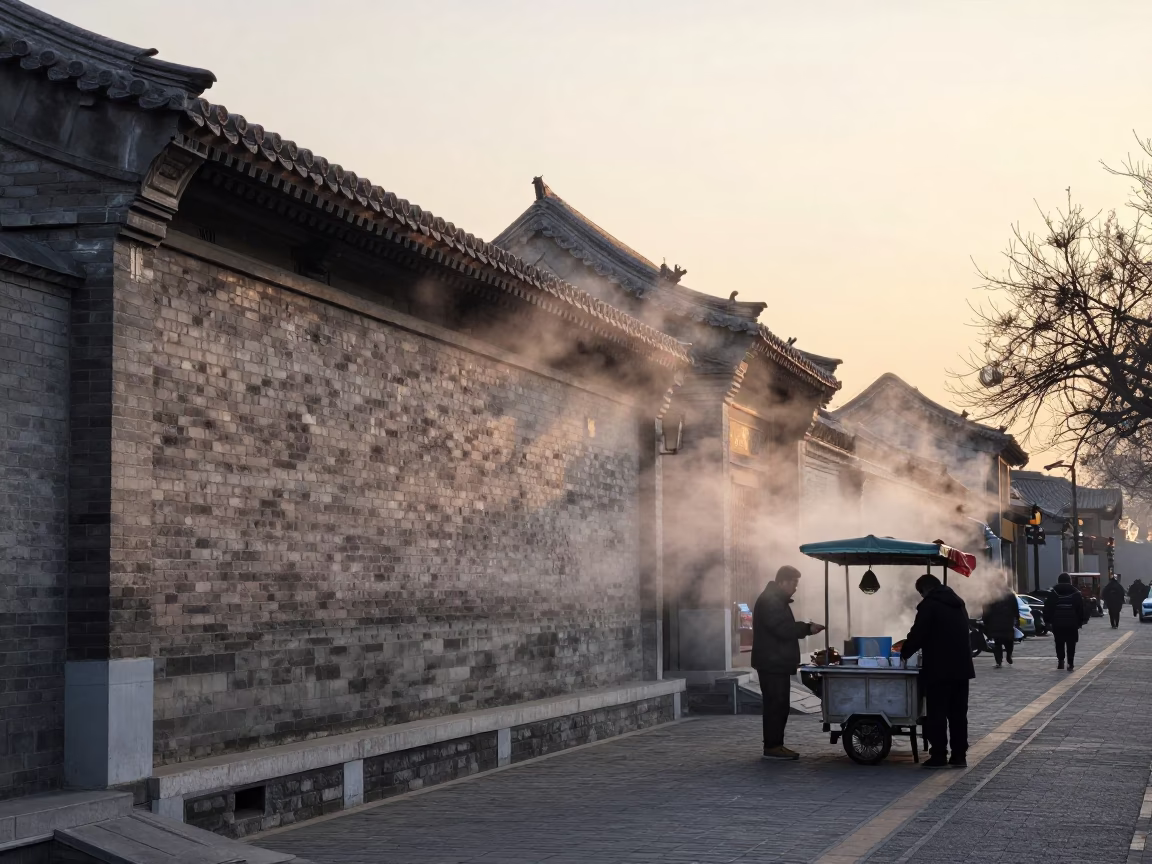 Beijing Dawn Street Scene with Steam Haze and Traditional Architecture in in Beijing, China