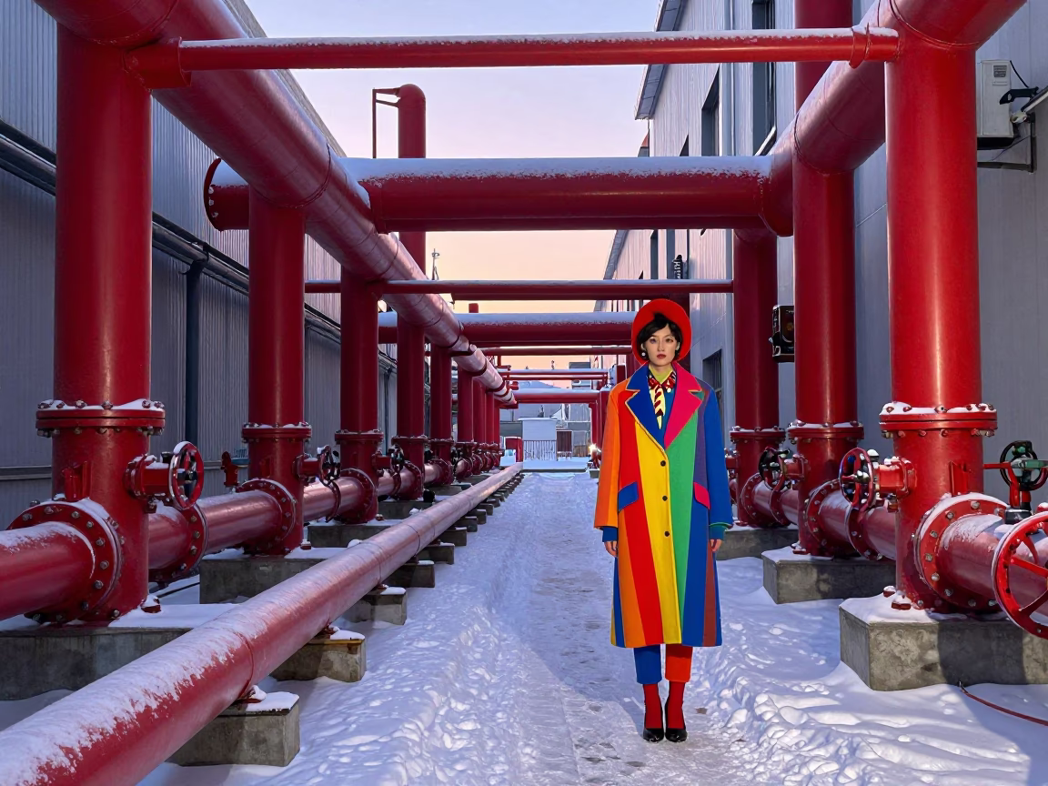 Beijing District Heating Corridor Snow Dawn High Fashion Colorful 1960s Style in in Beijing, China
