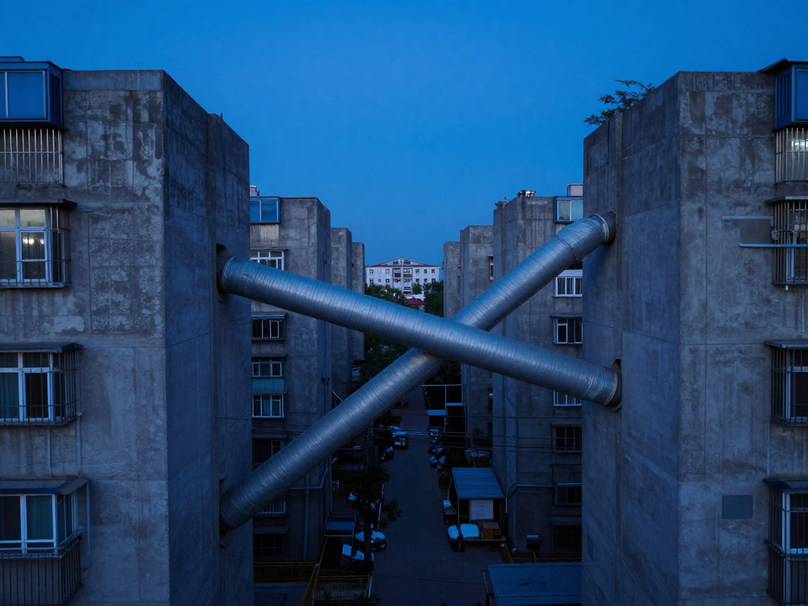 Beijing District Heating Pipe Crossing Concrete Apartment Blocks in Blue Evening Light in in Beijing, China