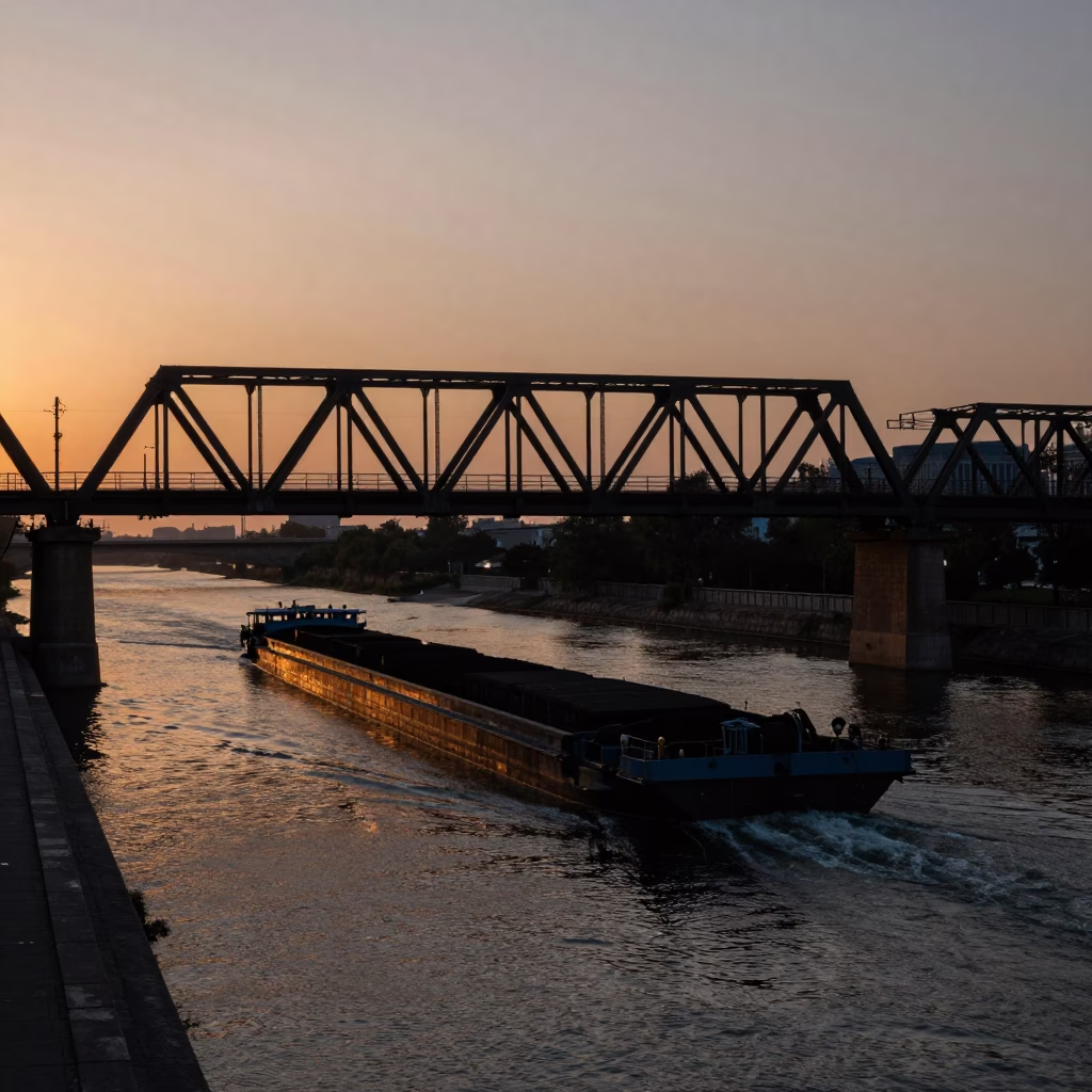 Beijing Dusk Coal Barge Railroad Bridge Copper Light in in Beijing, China