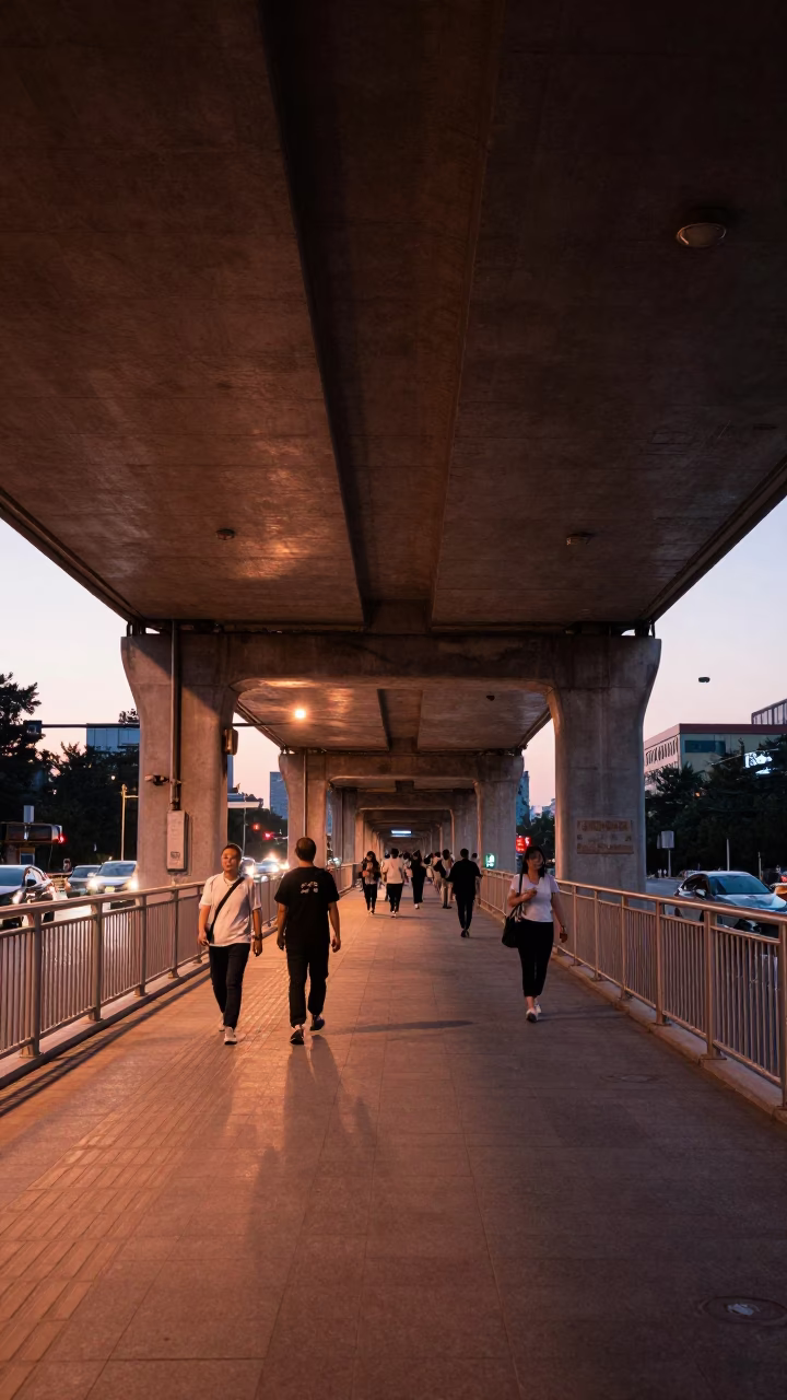 Beijing dusk skybridge with flyover shadows and pedestrian life under copper-toned light in in Beijing, China