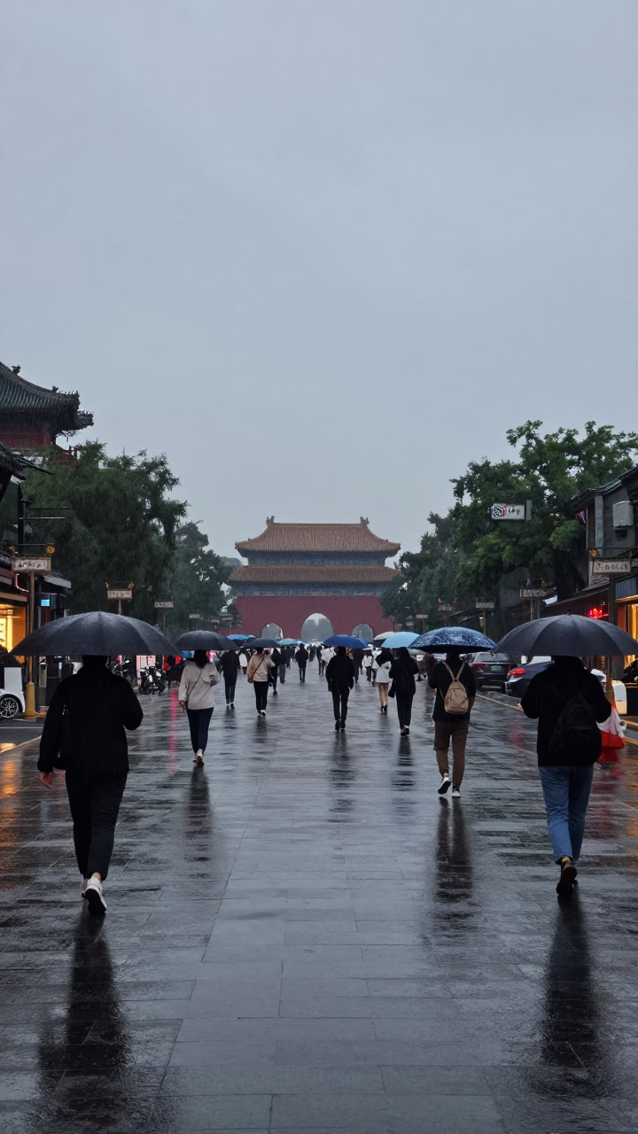 Beijing Dusk Street Scene With Umbrellas And Wet Pavement Under Rain in in Beijing, China