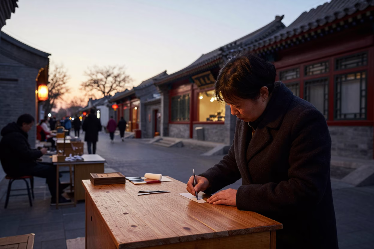 Beijing Early Evening Street Scene with Traditional Architecture and Local Life in in Beijing, China
