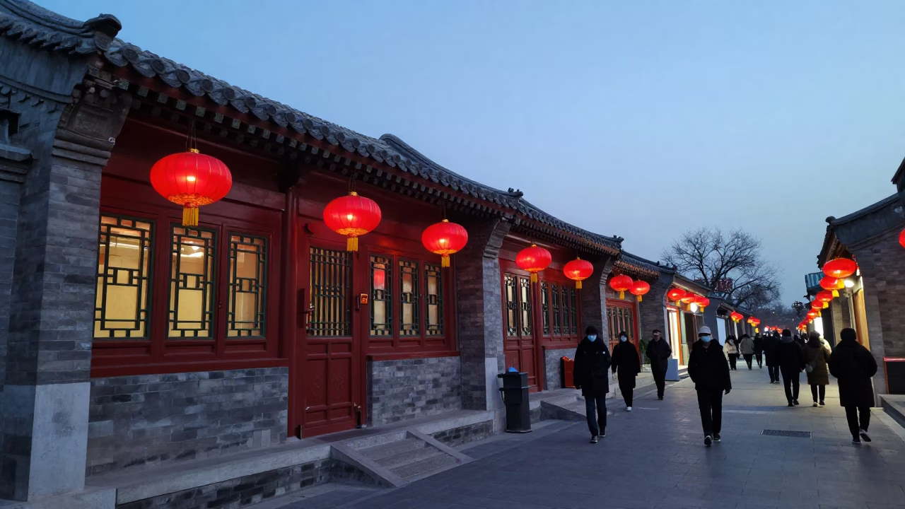Beijing Early Evening Street Scene with Traditional Red Lanterns and Modern Architecture in in Beijing, China