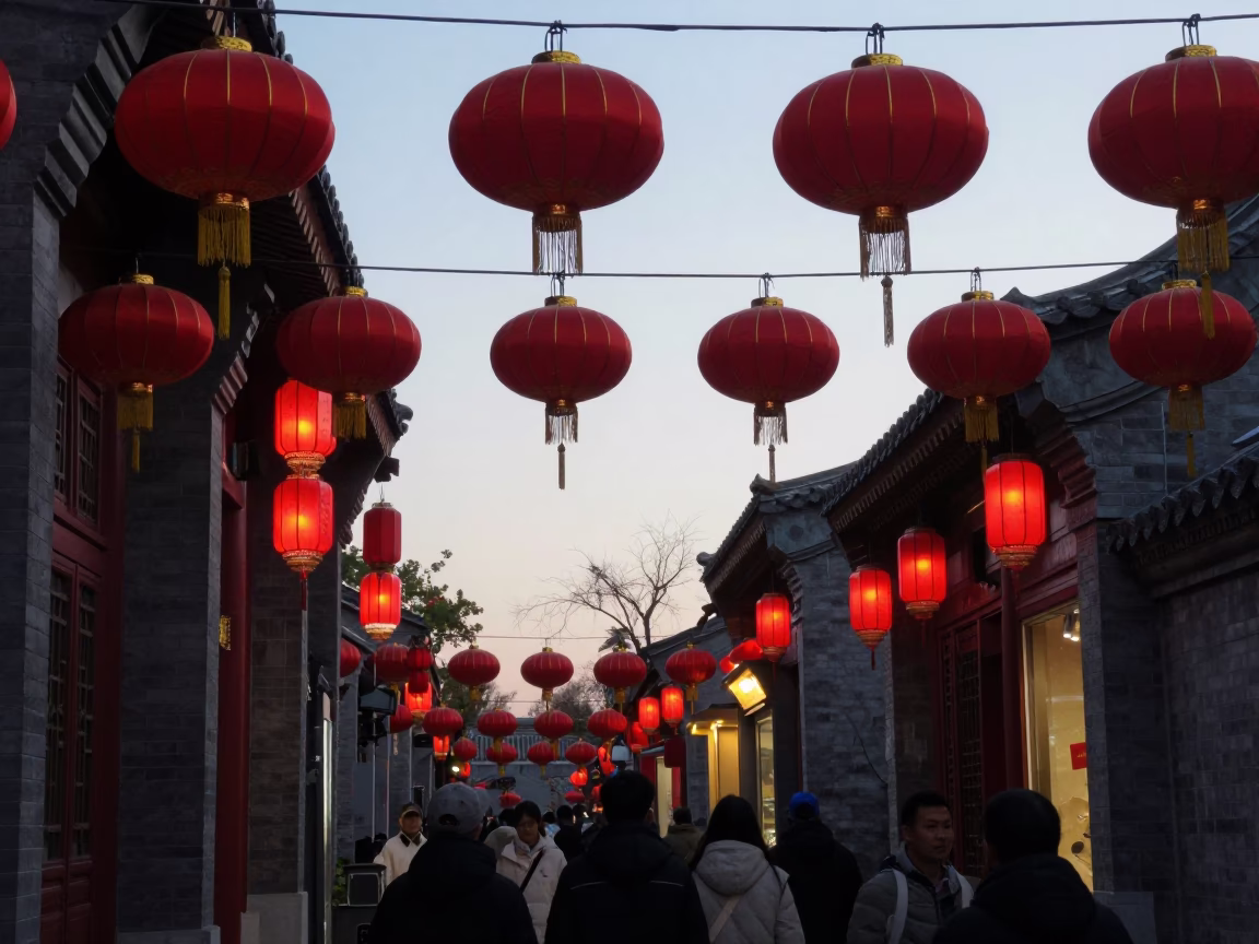 Beijing Early Evening Street Scene with Traditional Red Lanterns and Modern Cityscape in in Beijing, China