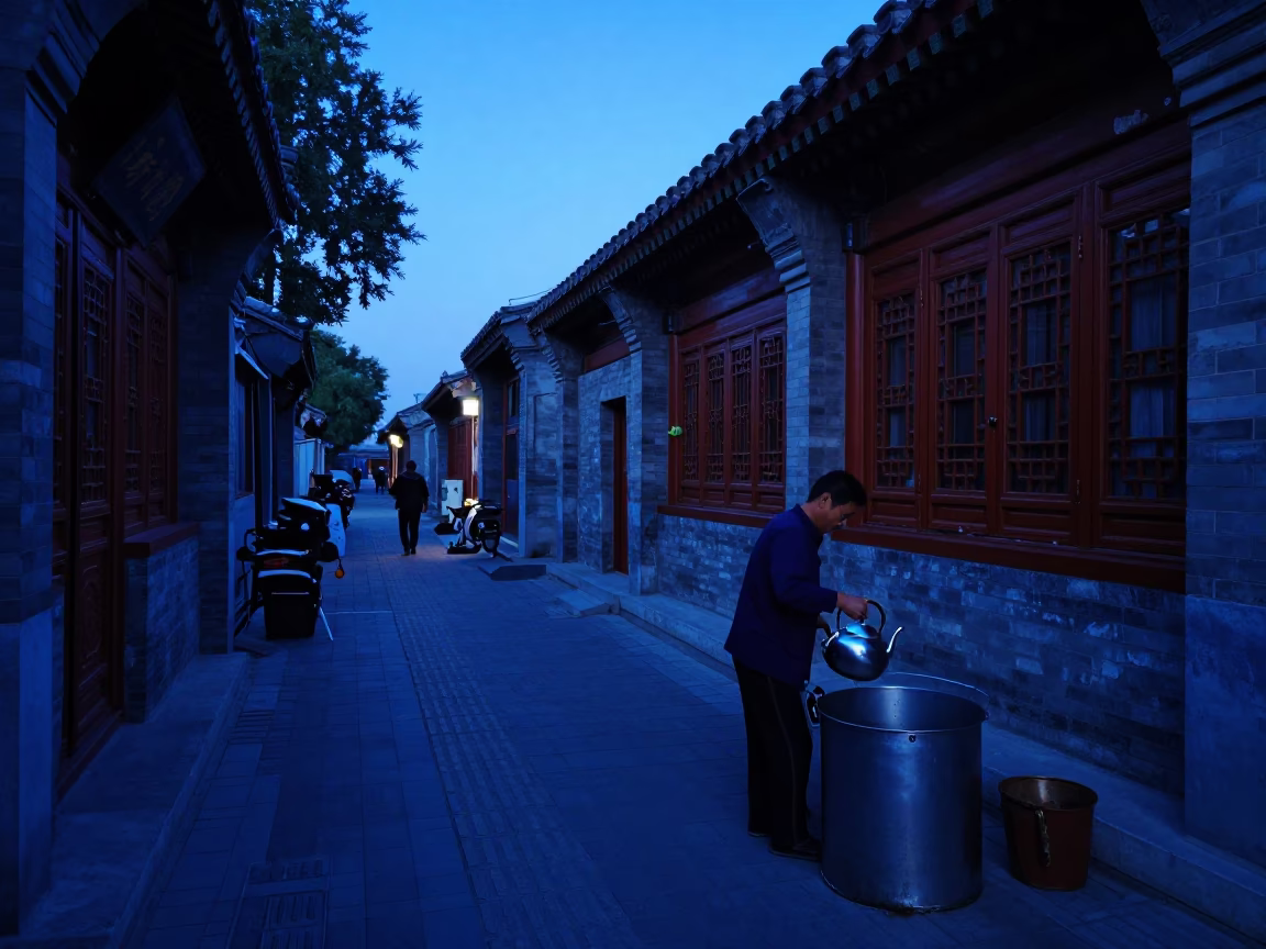 Beijing Evening Blue Hour Street Scene with Traditional Teapot and Ladle in in Beijing, China
