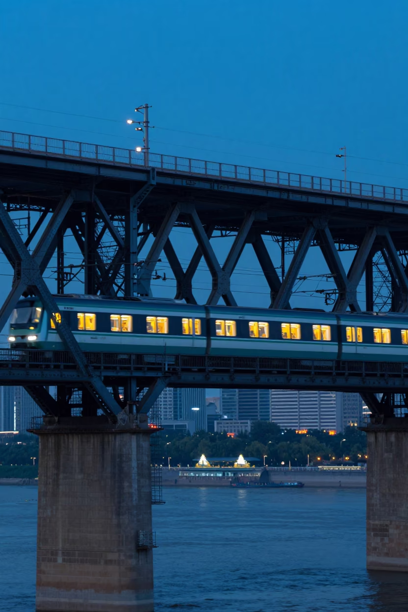 Beijing Evening Commuter Train Crossing Bridge at Blue Hour City Lights in in Beijing, China