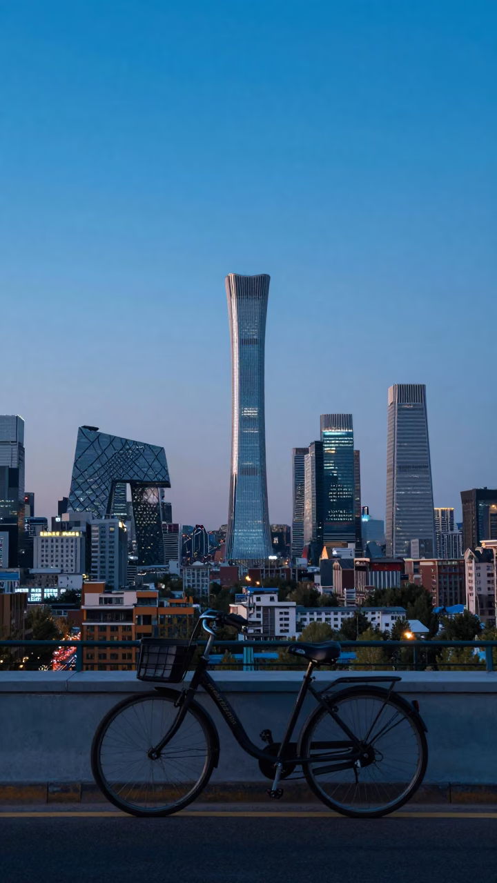 Beijing Evening Skyline with Bicycle and Urban Horizon at Dusk in in Beijing, China
