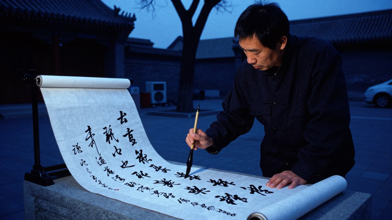 Beijing Evening Street Scene with Calligraphy Demonstration in Blue Hour Light in in Beijing, China