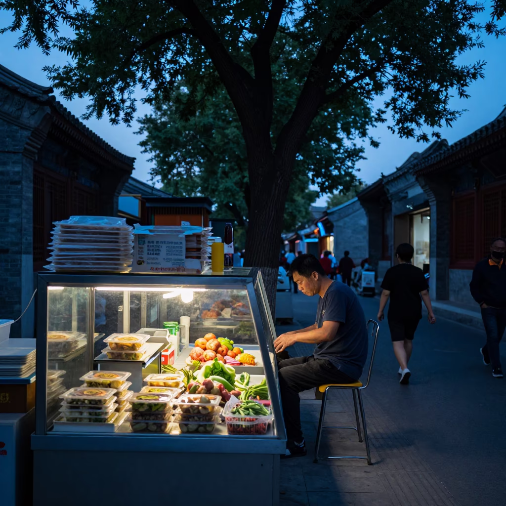 Beijing Evening Street Scene with Chestnut Tree and Local Vendor in Blue Hour Light in in Beijing, China