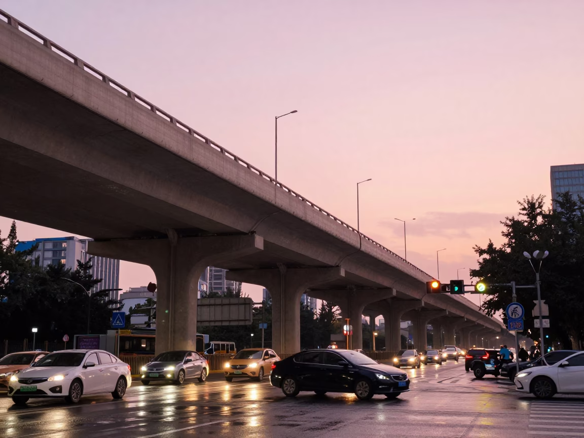 Beijing evening street scene with highway flyover and wet pavement reflections in honeyed light in in Beijing, China