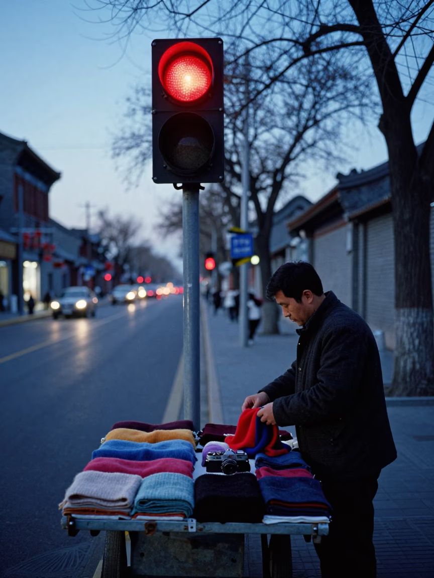 Beijing Evening Street Scene with Red Beacon and Wool Scarves in in Beijing, China