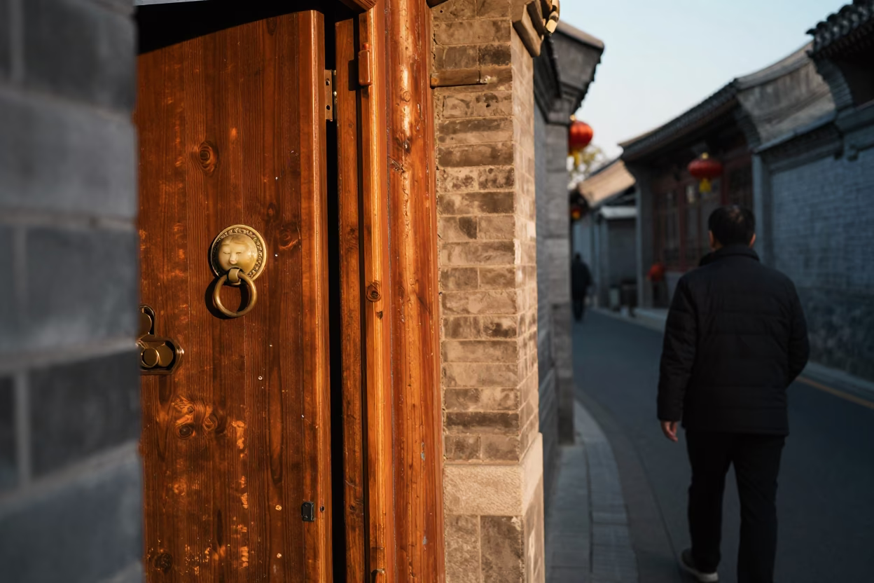 Beijing Evening Street Scene with Traditional Doorway Details and Honeyed Light in in Beijing, China