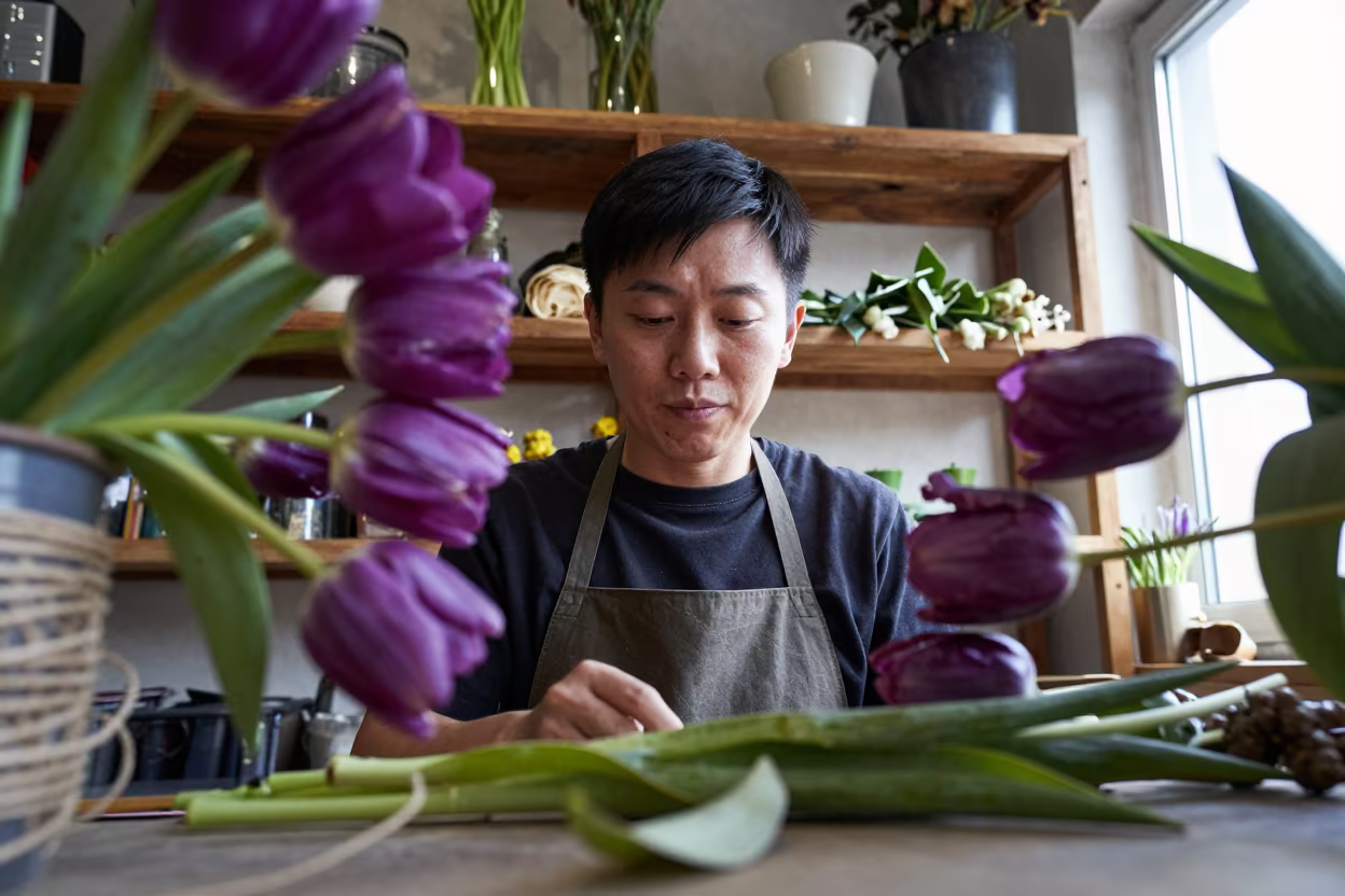 Beijing Florist Framed by Bruised Tulips and Twine in in Beijing