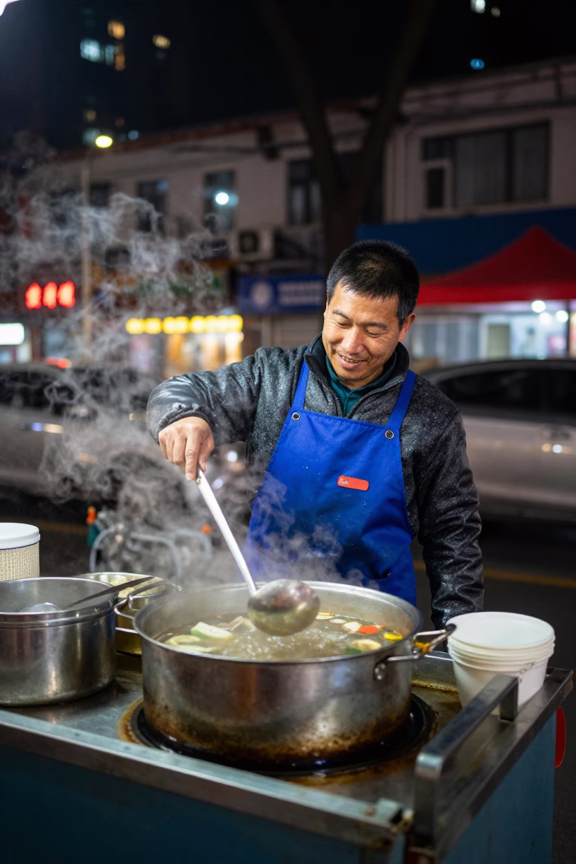Beijing Food Vendor at As City Lights Begin To Glow in in Beijing, China