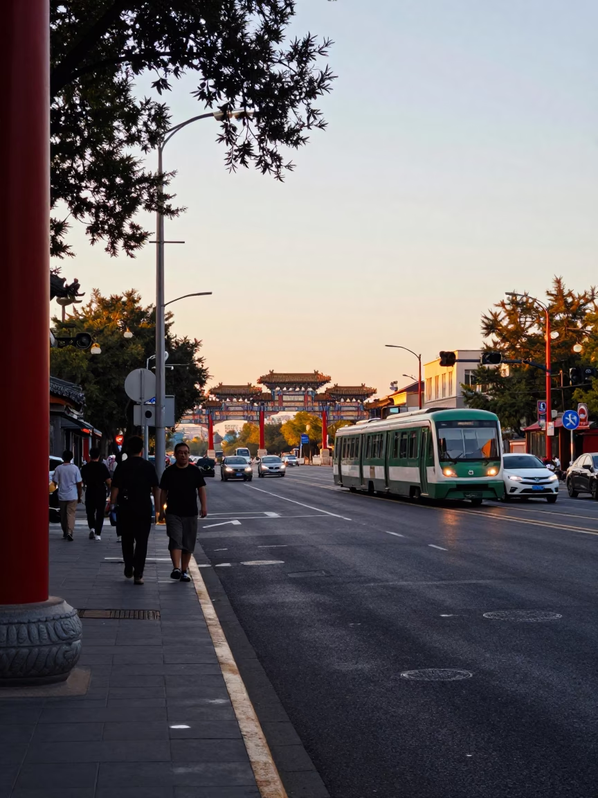 Beijing Golden Hour Street Scene with Metro Train and Urban Life in in Beijing, China