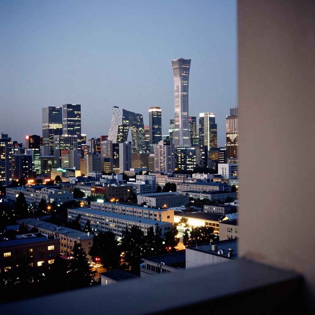 Beijing High Rise at As City Lights Begin To Glow in in Beijing, China