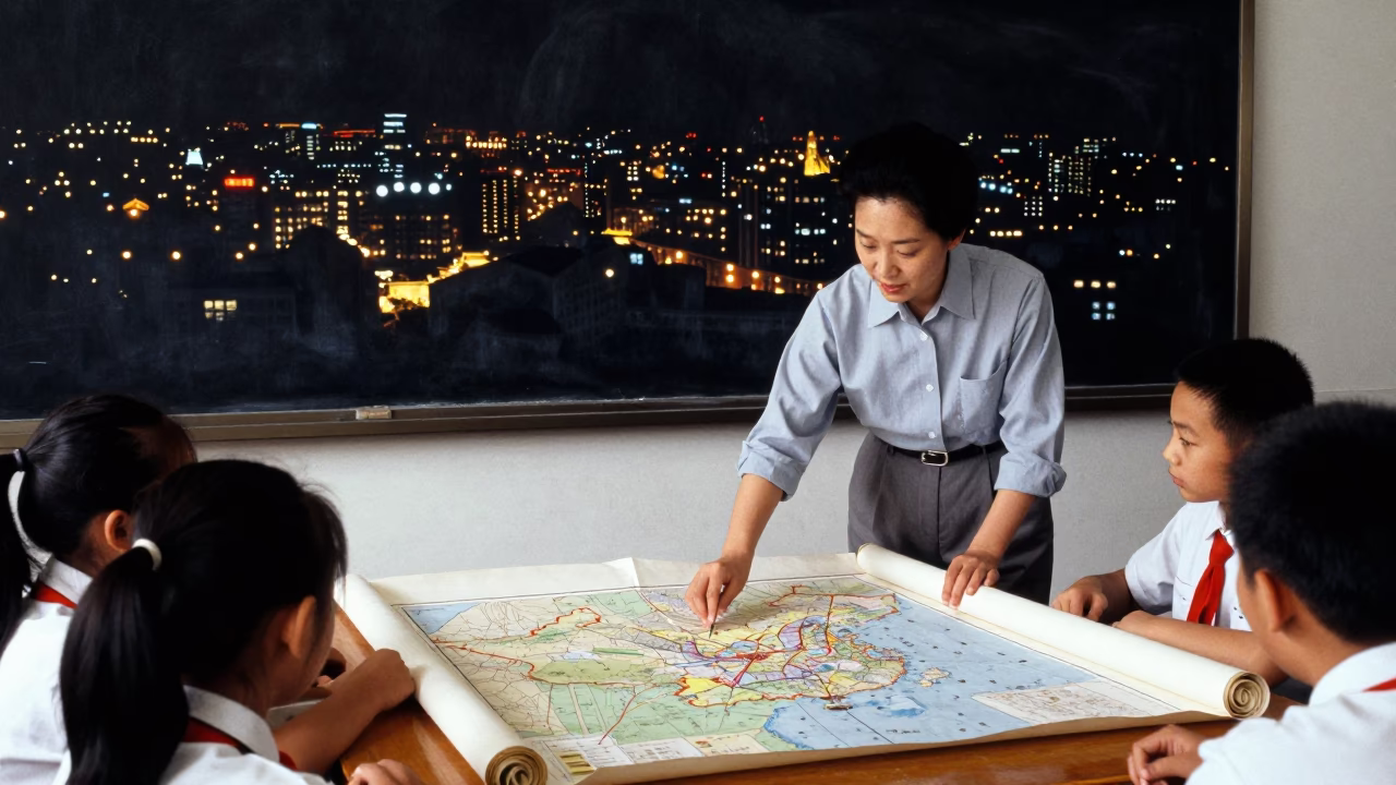Beijing History Classroom Teacher Unrolling Maps as City Lights Begin to Glow in in Beijing, China