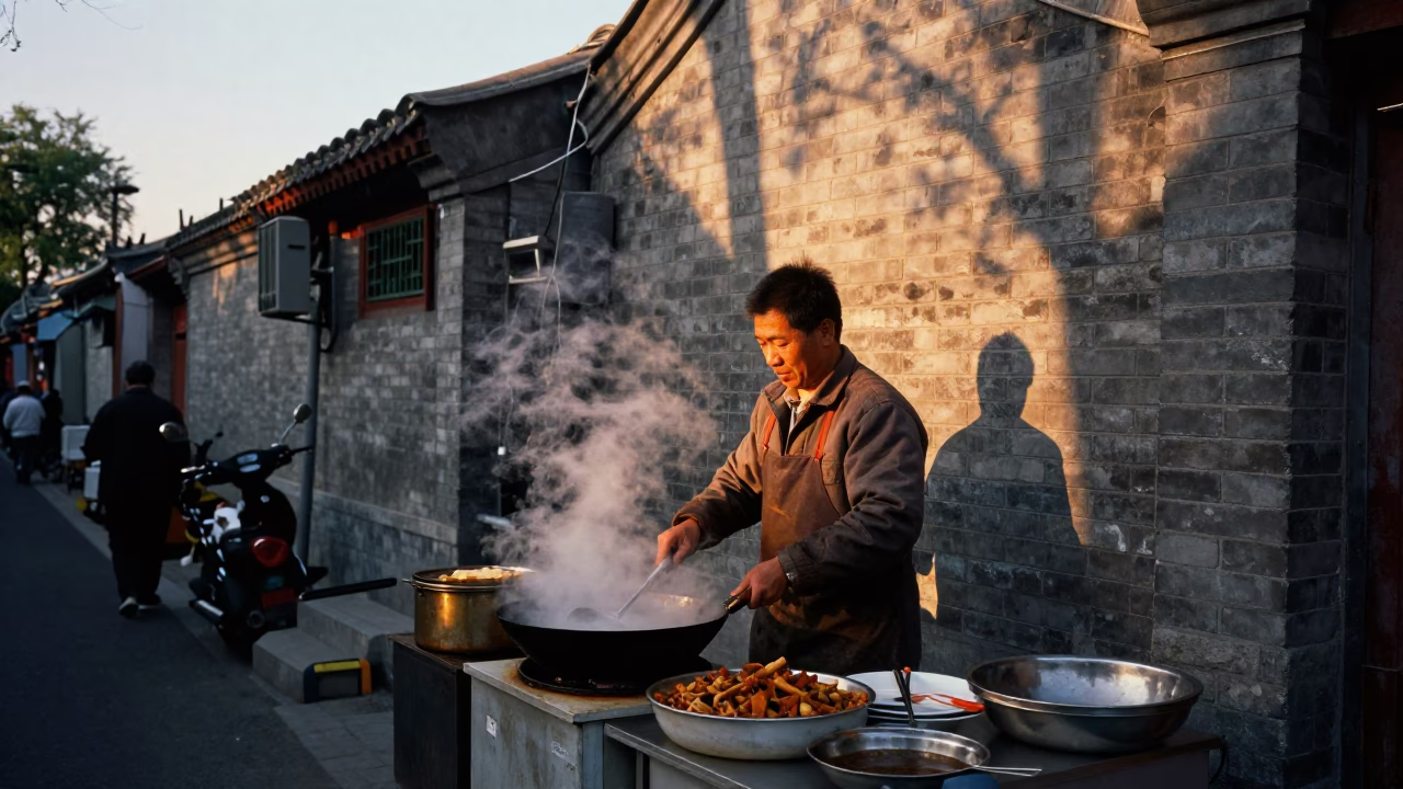 Beijing Hot Food at As The Sun Drops Toward The Horizon in in Beijing, China