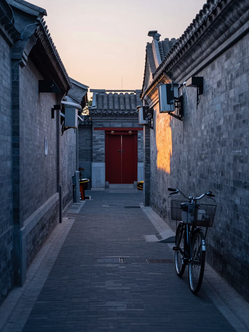 Beijing Hutong Alley Before Sunrise with Bicycle Basket and Traditional Architecture in in Beijing, China