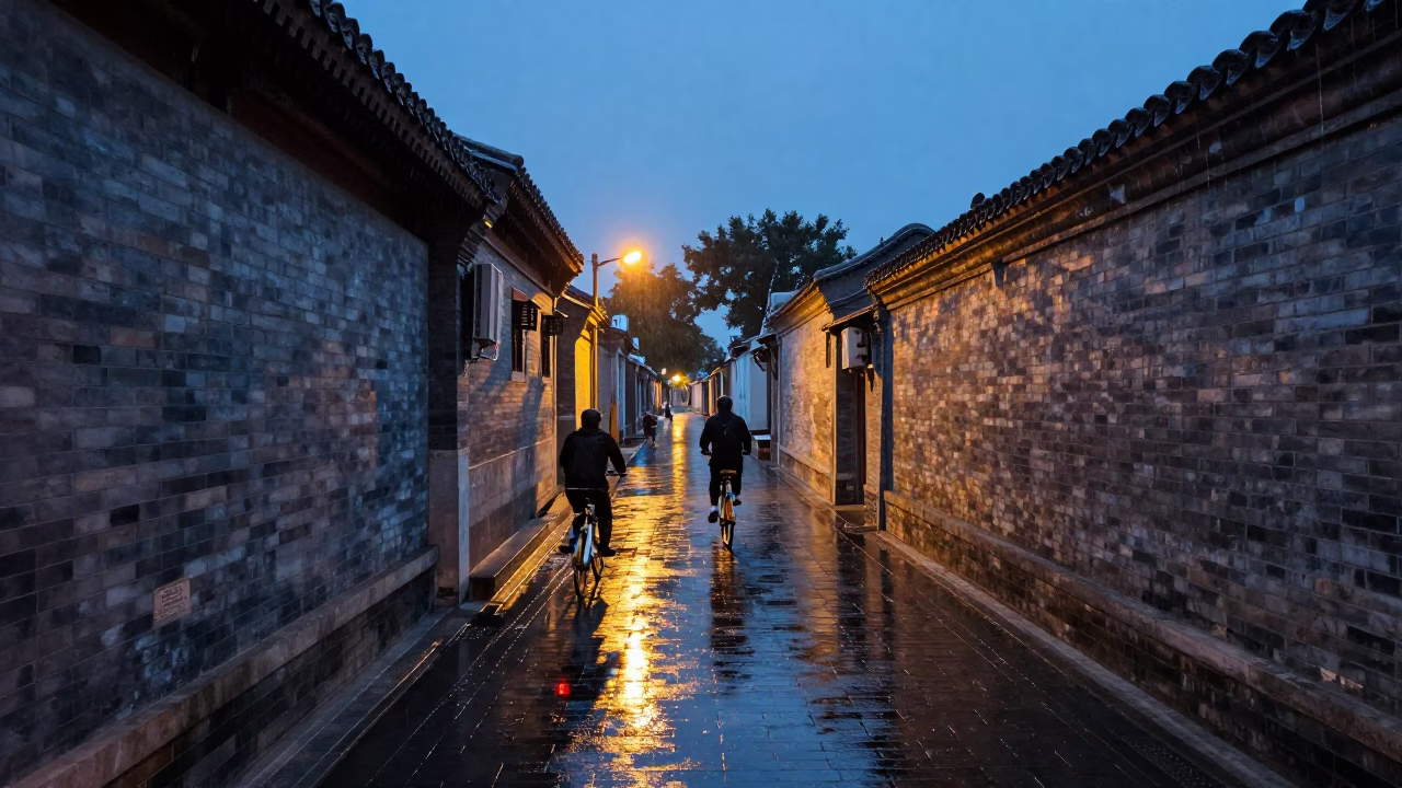 Beijing Hutong Alley Blue Hour Rain Reflections and Traditional Life in in Beijing, China