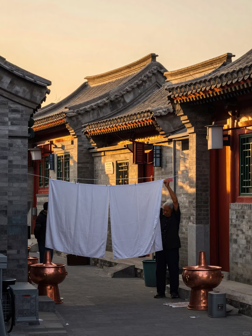 Beijing Hutong Alley Evening Scene with Copper Pots and Traditional Life in in Beijing, China