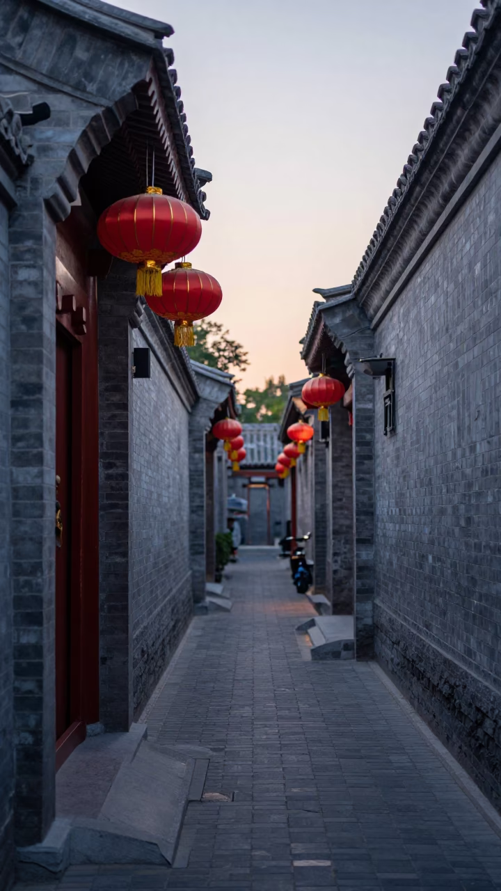 Beijing Hutong Alley Evening Scene with Hanging Red Lantern and Traditional Architecture in in Beijing, China