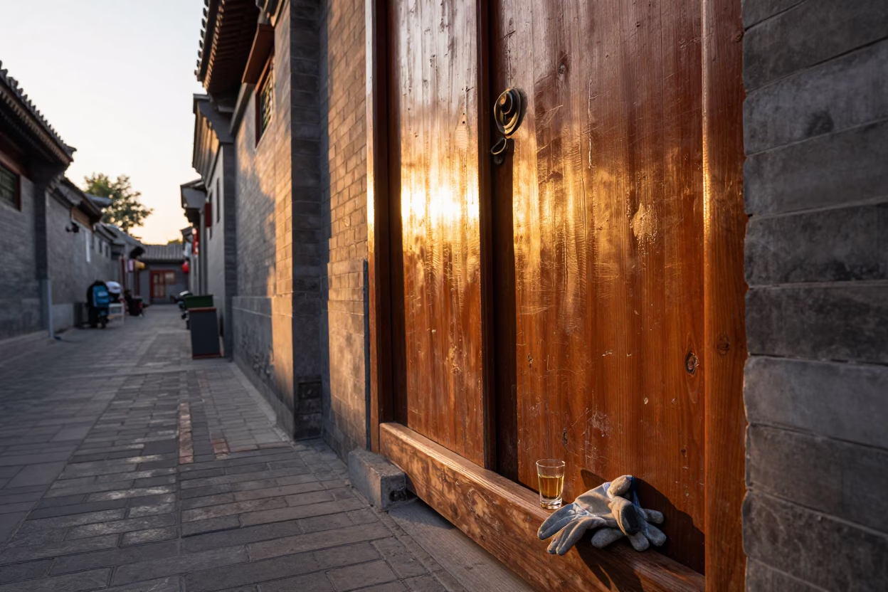 Beijing Hutong Alley Golden Hour Reflections on Brushed Steel in in Beijing, China